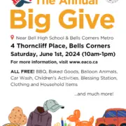 Flyer for "The Annual Big Give" event at 4 Thorncliff Place, Bells Corners, on June 1, 2024, from 10am-1pm. Offers free BBQ, baked goods, car wash, and more. Visit www.eaco.ca for details.