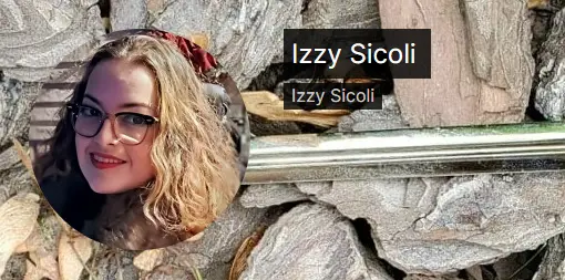 A close-up view of a person with wavy blonde hair and glasses, smiling. The background appears to be a pile of bark and a metallic object. The name "Izzy Sicoli" is written twice in text overlays.