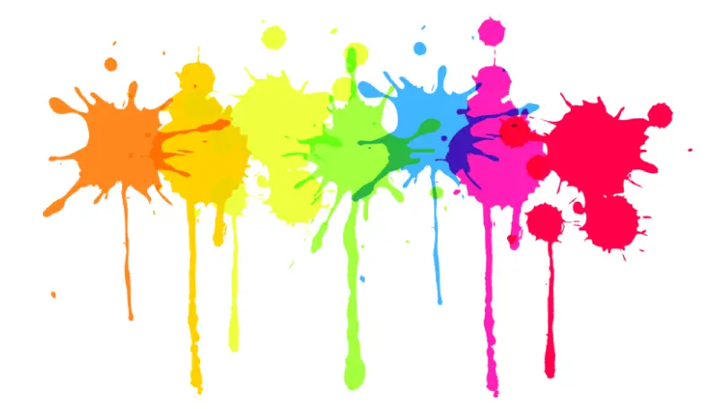 A series of colorful paint splatters, arranged horizontally like a rainbow, from orange to red.