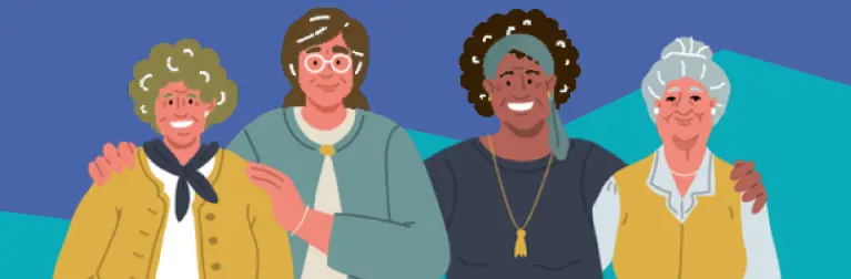 Illustration of four diverse elderly people standing together and smiling against a blue and teal background.
