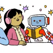 Four diverse characters, including a robot, are happily engaged in reading and listening to books. They are surrounded by colorful stars.