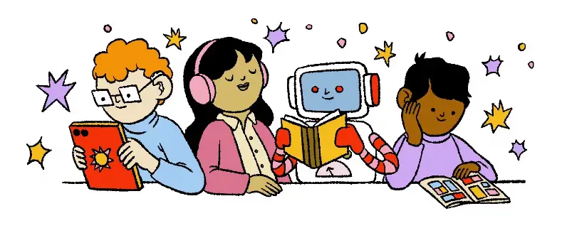 Four diverse characters, including a robot, are happily engaged in reading and listening to books. They are surrounded by colorful stars.