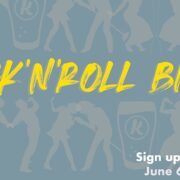 A banner for "Rock'n'Roll Bingo" with silhouettes of people dancing and beer glasses in the background. Text reads: "Sign up on Eventbrite. June 6th | 6:30pm".