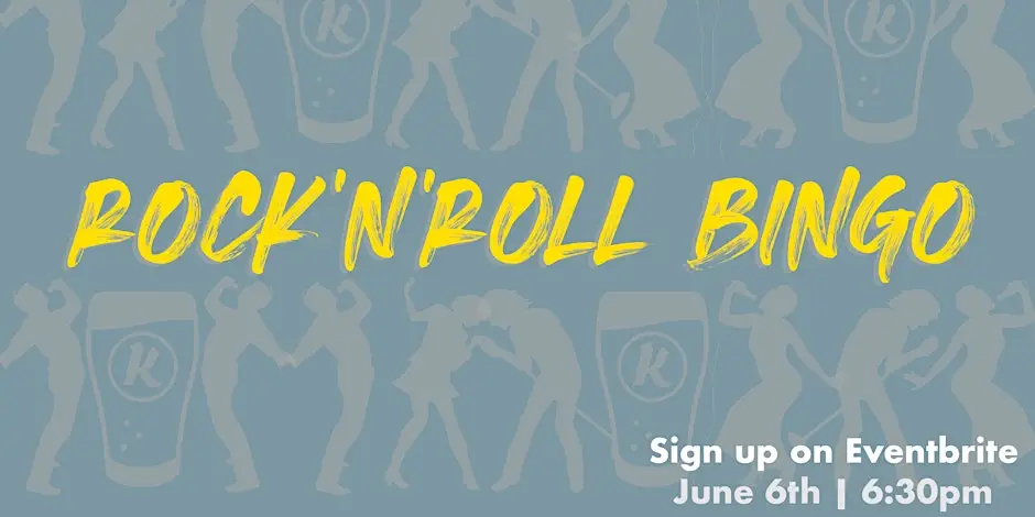 A banner for "Rock'n'Roll Bingo" with silhouettes of people dancing and beer glasses in the background. Text reads: "Sign up on Eventbrite. June 6th | 6:30pm".