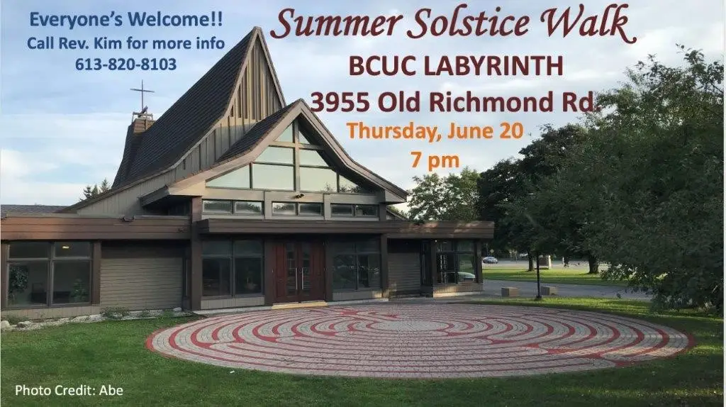 Image showing a building with a labyrinth design in front. Text details a Summer Solstice Walk at BCUC Labyrinth, 3955 Old Richmond Rd, on Thursday, June 20 at 7 pm. Photo credit to Abe.