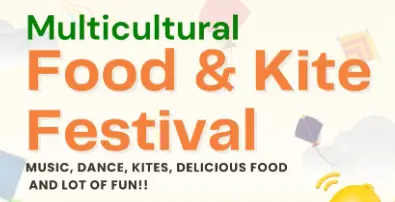Multicultural Food & Kite Festival poster featuring a bright design with colorful kite illustrations and text promoting music, dance, kites, delicious food, and lots of fun.