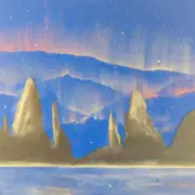 A painting depicts jagged mountains with a blue and orange sky in the background. The sky appears to show an aurora.