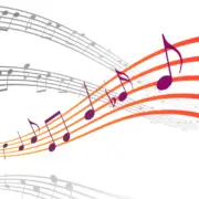 A musical staff with black, purple, and orange notes flowing across, creating a dynamic and colorful representation of music.