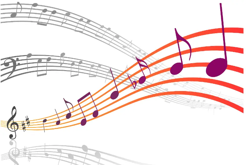 A musical staff with black, purple, and orange notes flowing across, creating a dynamic and colorful representation of music.
