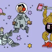 Three cartoon astronauts in space: a child in grey suit smiling, a child in striped suit waving, and a muscular dinosaur in a black suit lifting a barbell. Planets and stars are in the background.