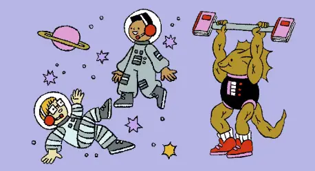 Three cartoon astronauts in space: a child in grey suit smiling, a child in striped suit waving, and a muscular dinosaur in a black suit lifting a barbell. Planets and stars are in the background.