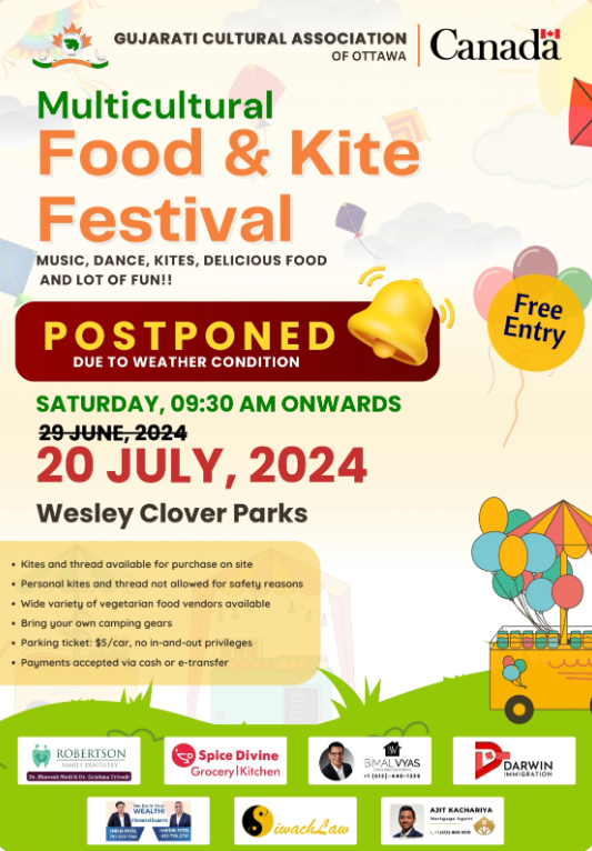 Poster for the Multicultural Food & Kite Festival, originally set for June 29, now postponed to July 20, 2024, at Wesley Clover Parks, Ottawa. Event features music, dance, food, and kites. Free entry.