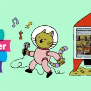 Illustration of a cat in a spacesuit holding a microphone, standing next to children entering a rocket-shaped library, with text that reads "TD Summer Reading Club.