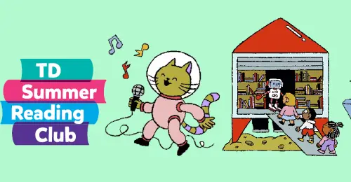 Illustration of a cat in a spacesuit holding a microphone, standing next to children entering a rocket-shaped library, with text that reads "TD Summer Reading Club.
