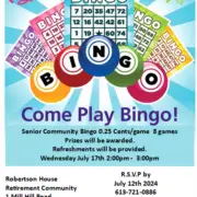 Flyer for a Senior Community Bingo event at Robertson House, Nepean, Ontario, on Wednesday, July 17th, 2:00-3:00 PM. RSVP by July 12th, 2024. Contact provided: 613-721-0886 or Catherine.armstrong@springliving.ca.