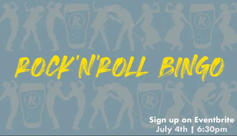 Promotional poster for Rock'n'Roll Bingo. Text: "Sign up on Eventbrite, July 4th @ 6:30pm". Background features silhouettes of people dancing and beer glasses.