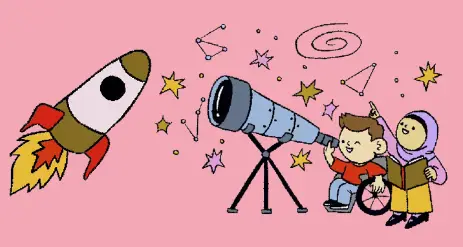 A child in a wheelchair looks through a telescope while another child wearing a headscarf points at constellation drawings against a pink background, with a rocket and stars in the scene.